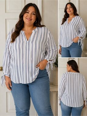 Michael Kors Womens Blouse 2X Striped Textured Lightweight Button Top Plus Size